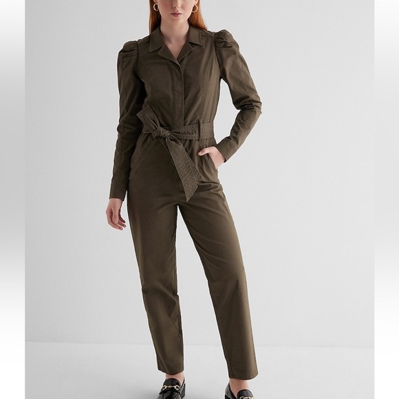 NWT Express Puff Sleeve Tie Waist Chino Jumpsuit - Picture 5 of 8